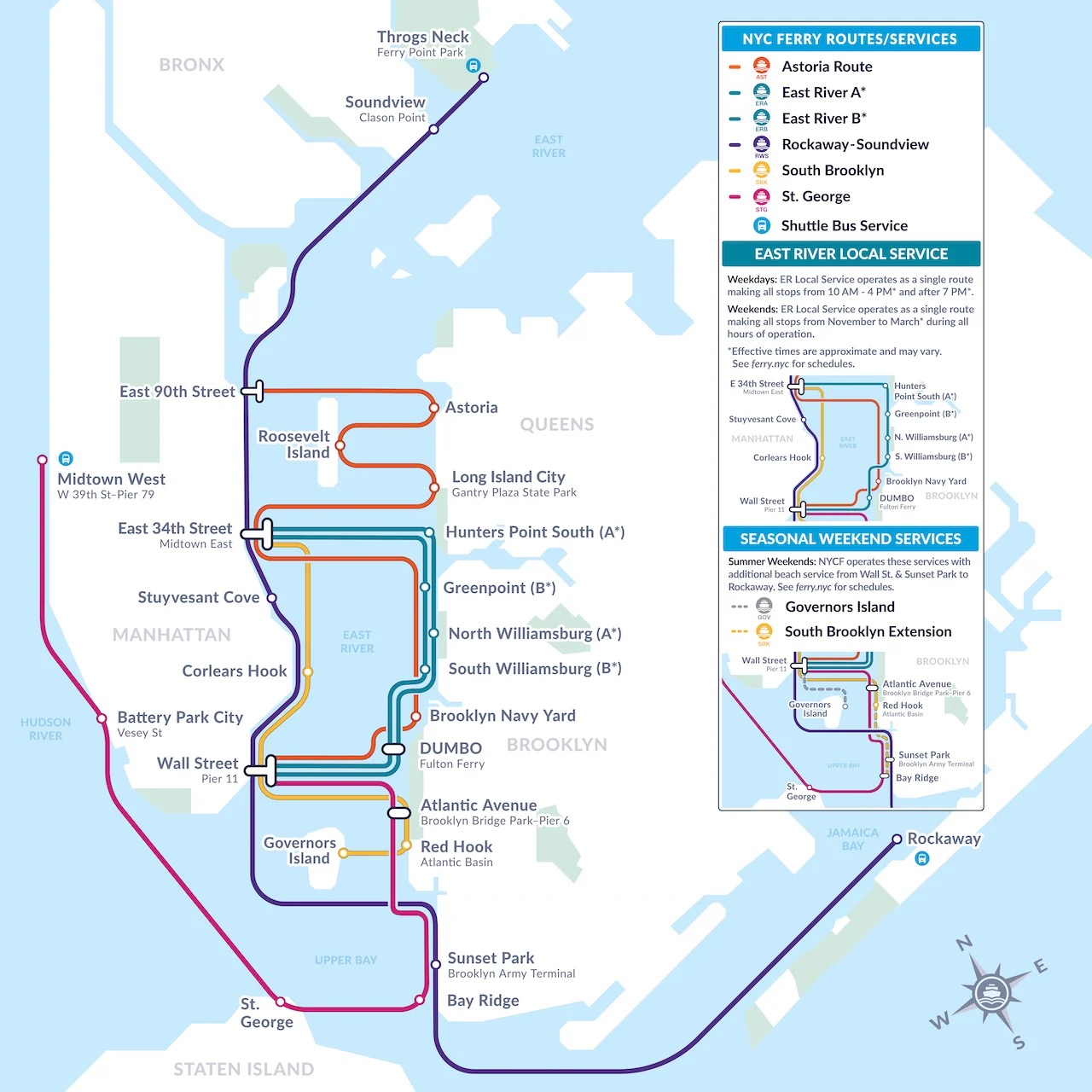 NYC Ferry system map showing all six routes and 25 landings across the five boroughs